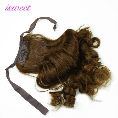 Drawstring medium brown human hair ponytail curly