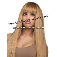 buying from china 100% brazilian remy human hair wig with bang (fringe) women gold color real hair long wig with fringe